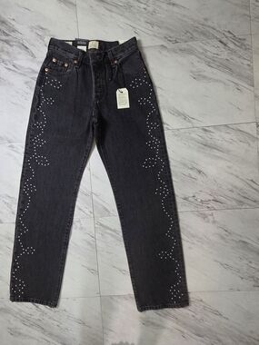 Levi's Black Straight-Leg Jeans with Silver Stud Detailing Size 23